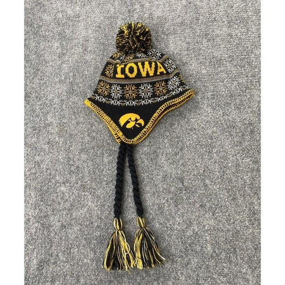 Iowa Hawkeyes Stocking Hat Toboggan Beanie Pom Pom Tassel Knit‎ Winter Black - Picture 1 of 7